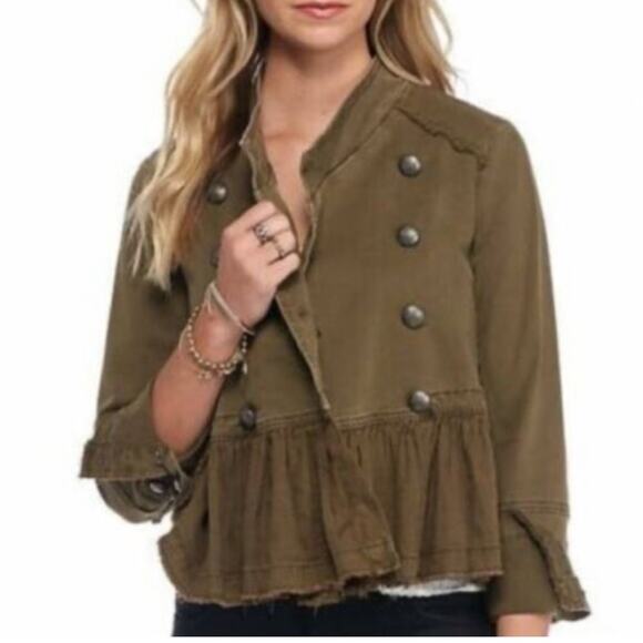 Free People Military Jacket Size Medium Ruffle Hem Olive Green - Picture 1 of 9